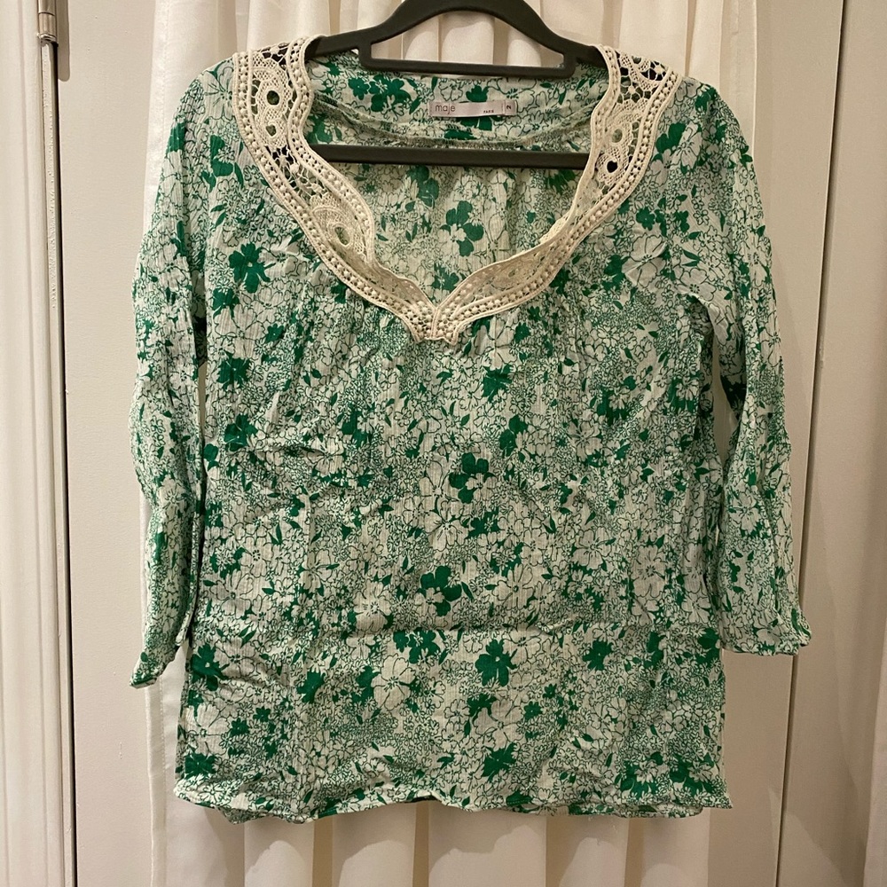 Maje Crinkle Green Floral Top Embroidered Trim